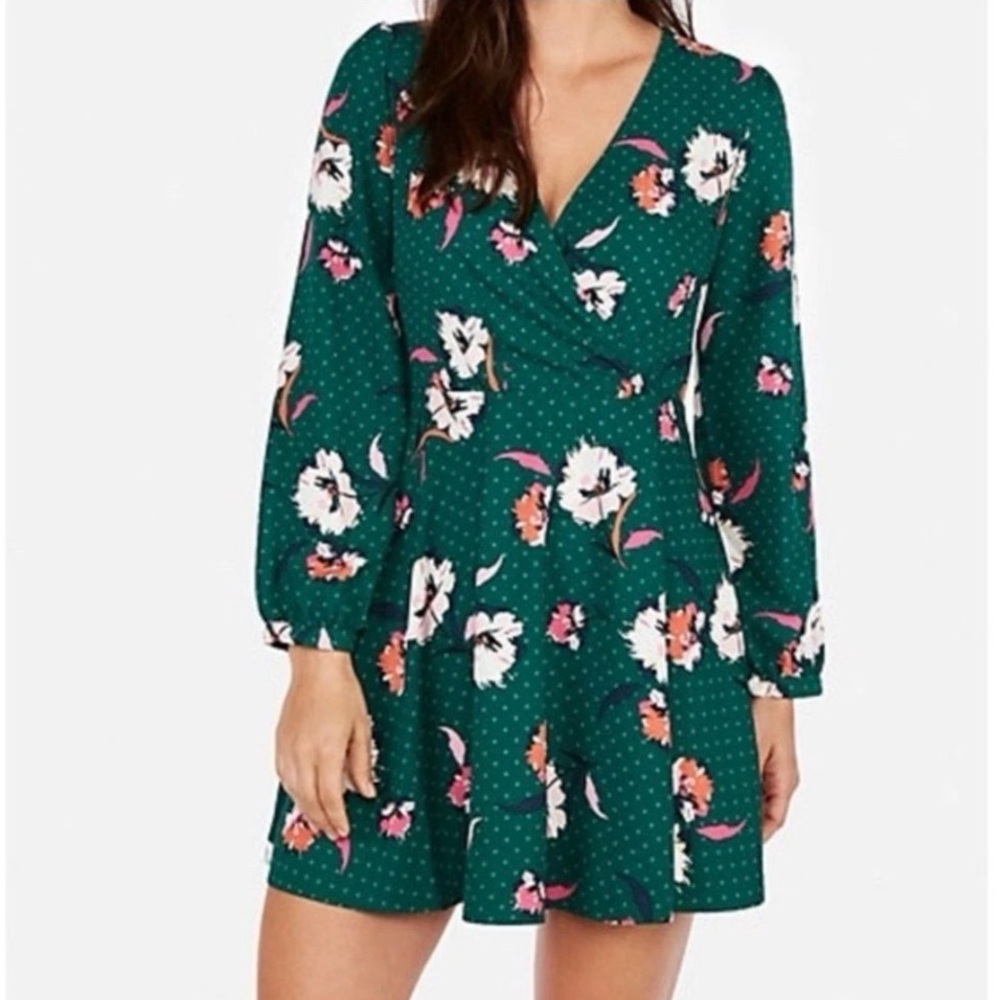 Express Green Floral Polka Dot Long Sleeve Dress